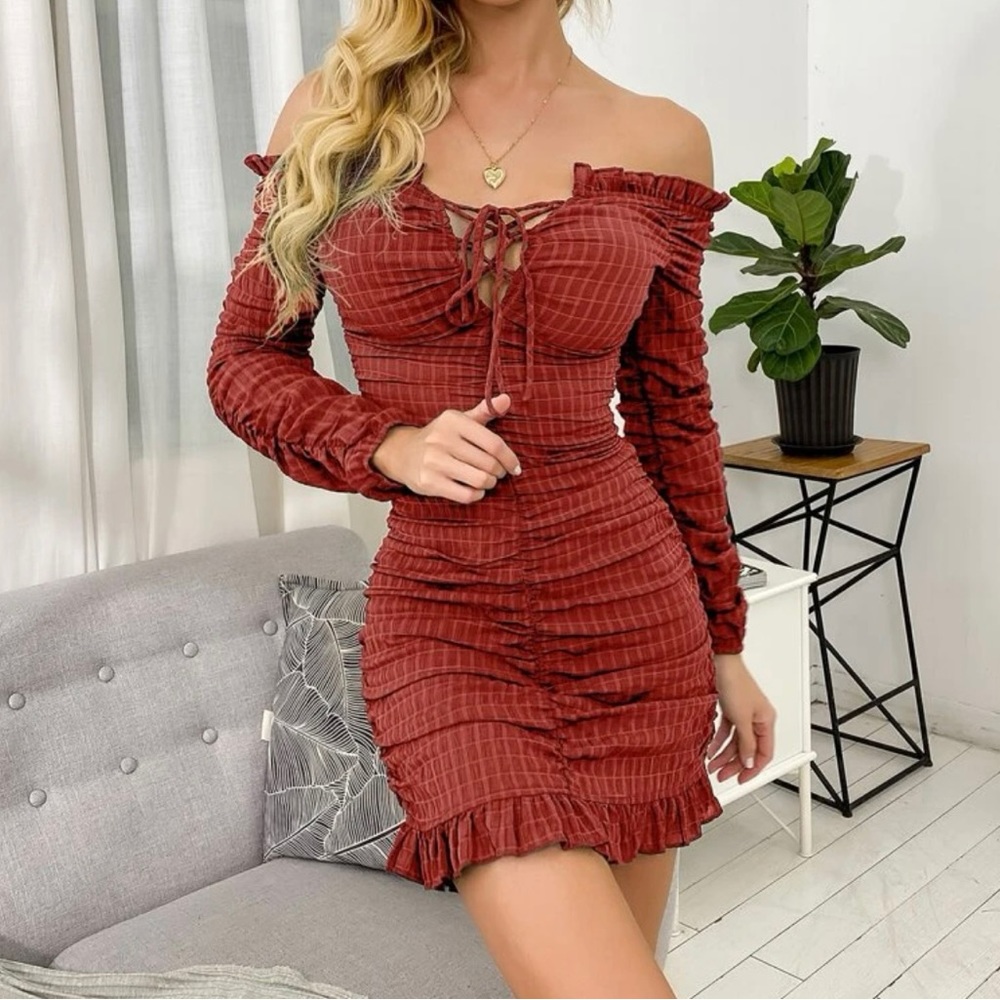 Frill Lace Up Bardot Dress
